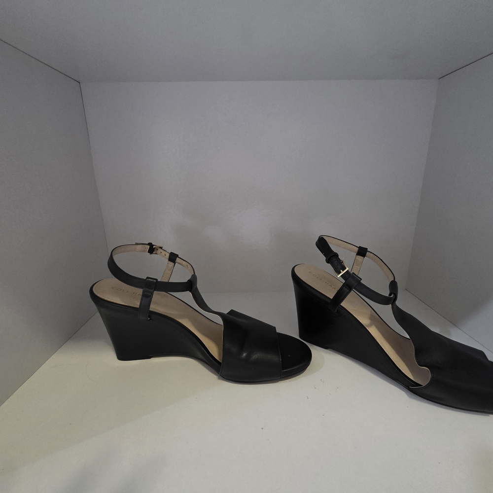 Cole Haan Leather Black Wedge Sandals - Picture 3 of 7